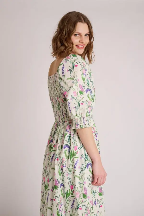 Tulip Fields Floral Shirred Bust Midi Dress