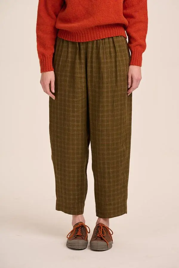 Peggy Linen Trousers - Khaki Window Pane Check