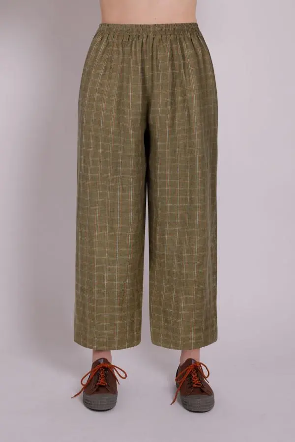 Peggy Linen Trousers - Khaki Window Pane Check