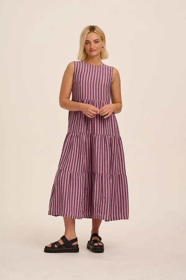 Frankie Linen Dress - Purple & Pink Stripe