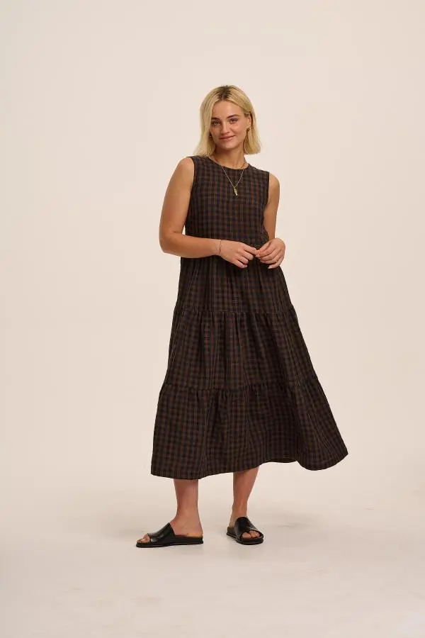Frankie Linen Dress - Navy & Brown Gingham