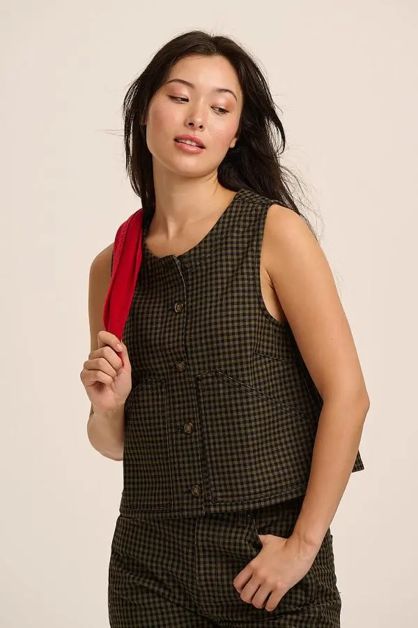 Orla Denim Waistcoat Top - Green Gingham