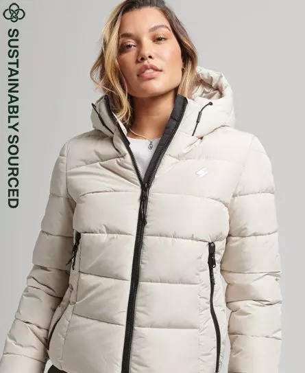 Pockets For Women - Superdry Women\'s Hooded Spirit Sports Puffer Jacket  Beige / Pelican -
