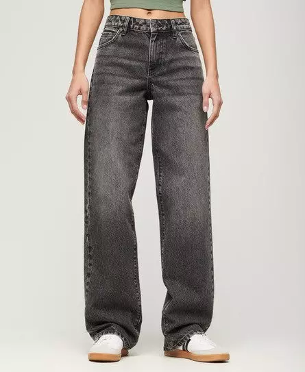 Superdry Women's Organic Cotton Mid Rise Wide Leg Jeans Black / Wolcott Black Stone -
