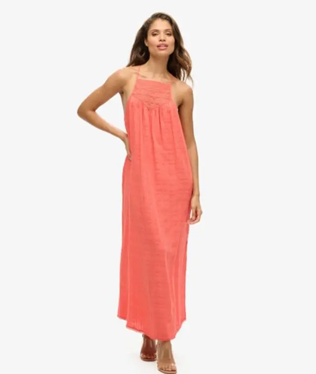 Superdry & Co Women's Lace Halter Maxi Beach Dress Coral / Blush Coral - 