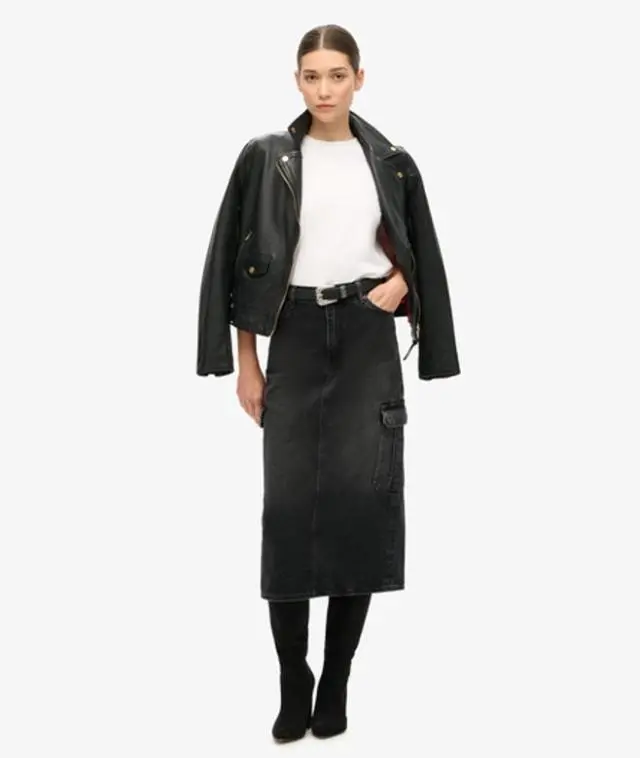 Superdry & Co Women's Denim Cargo Pocket Midi Skirt Black / Black Denim - 