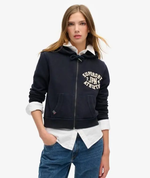 Superdry & Co Women's Embroidered Athletic Essentials Relaxed Crop Zip-Hoodie, Navy Blue, 