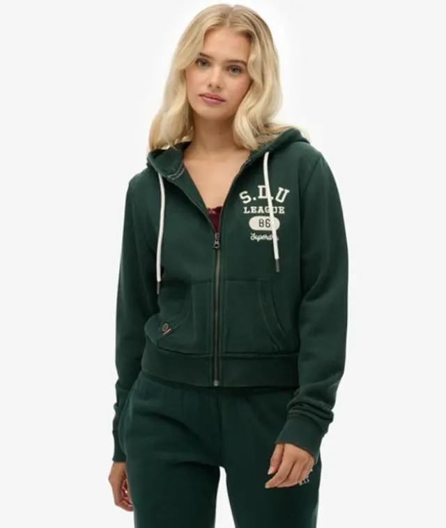 Superdry Women's Embroidered Athletic Essentials Relaxed Crop Zip-Hoodie, Green, 