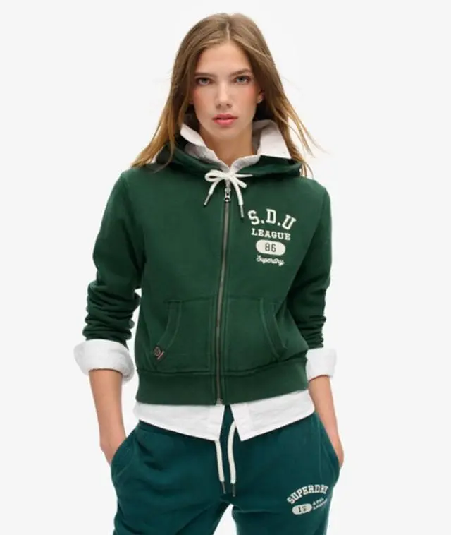Superdry Women's Embroidered Athletic Essentials Relaxed Crop Zip-Hoodie, Green, 