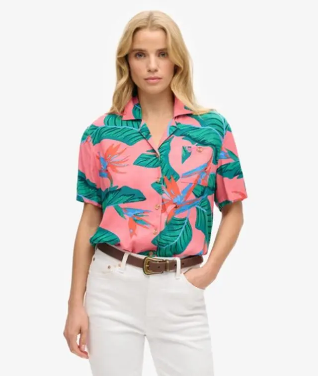 Superdry Women's Colourblock Relaxed Fit Beach Resort Shirt, Pink and Green, 