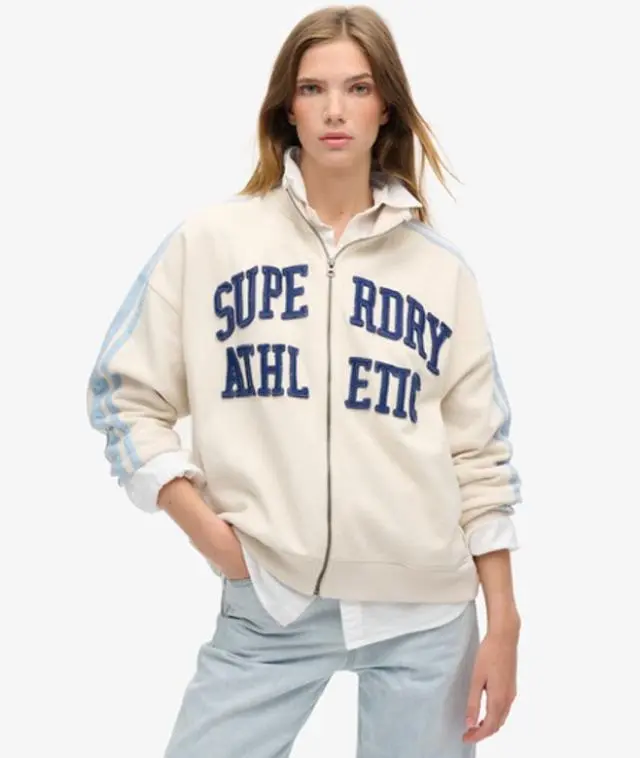 Superdry Women's Side Striped Athletic Essentials Applique Loose Zip Track Top, Cream, 