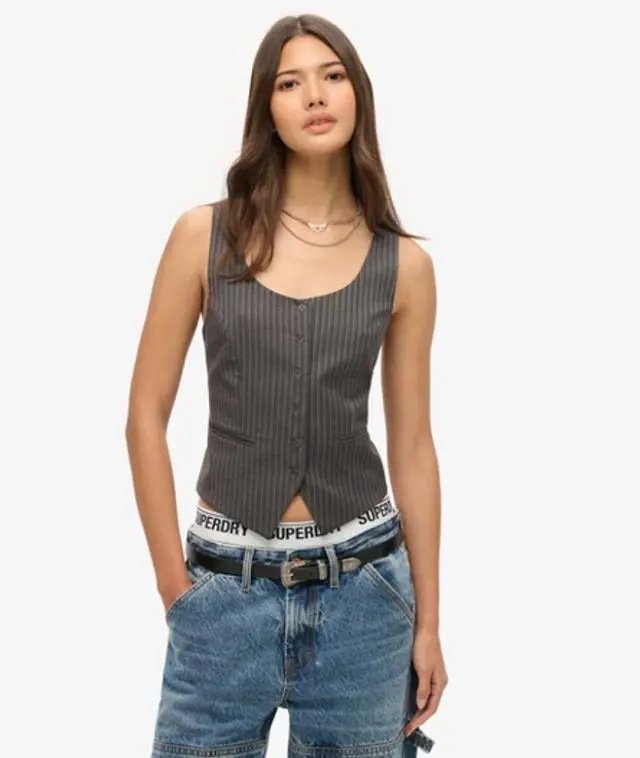 Superdry & Co Women's Pinstripe Satin Back Waistcoat, Grey, 