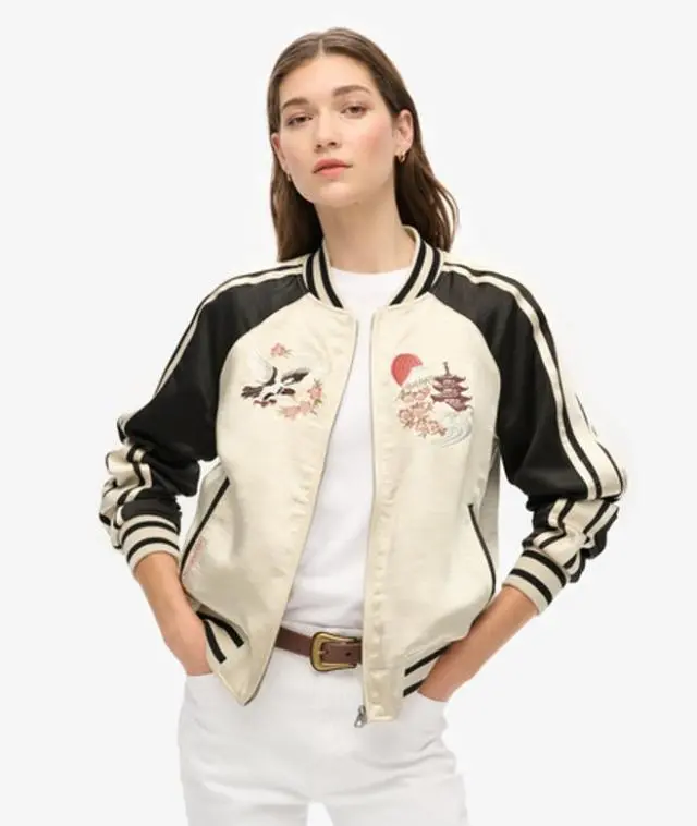 Superdry Women's Colourblock Sukajan Embroidered Bomber Jacket, Cream and Black, 