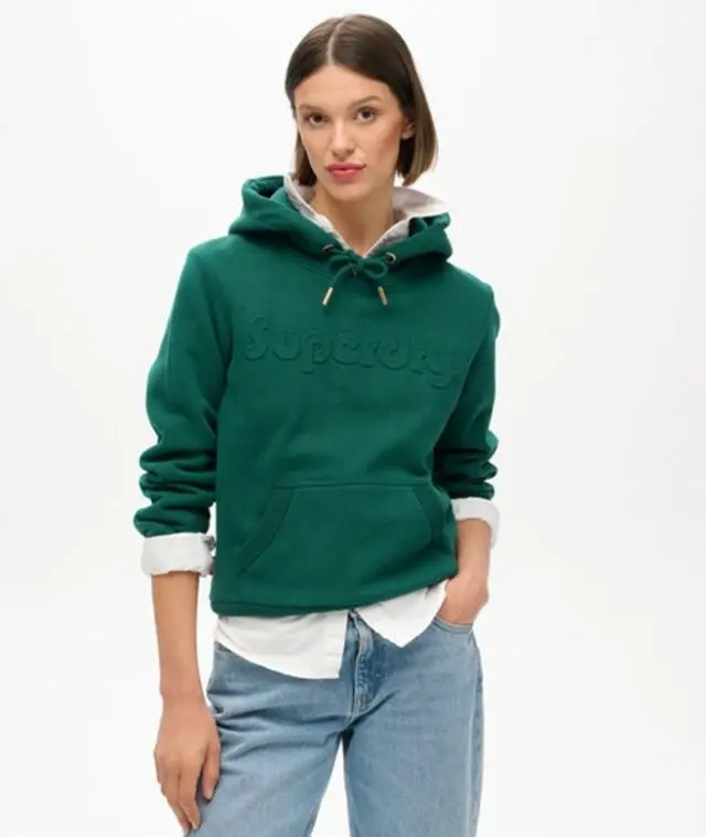 Superdry Women's Embossed Logo Hoodie Green / Dark Pine Green - 