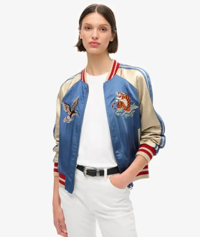 Superdry Women's Colourblock Sukajan Embroidered Bomber Jacket, Blue, 