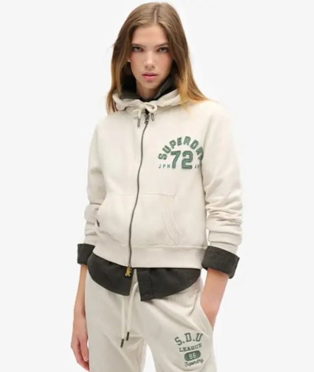 Superdry Women's Embroidered Athletic Essentials Relaxed Crop Zip-Hoodie, Cream, 