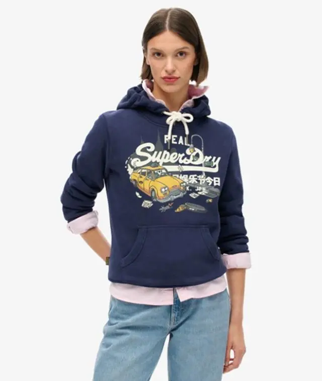 Superdry & Co Women's New York Vintage Logo Graphic Relaxed Fit Hoodie, Navy Blue, 