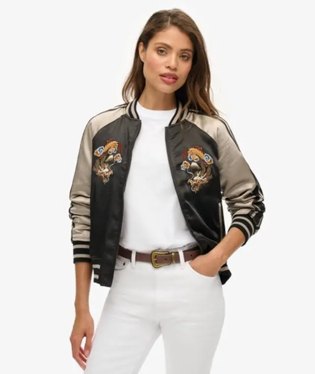Superdry Women's Colourblock Sukajan Embroidered Bomber Jacket, Black and Cream,