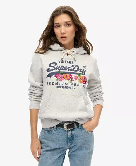 Superdry Women's Vintage Logo Premium Floral Hoodie Light Grey / Glacier Grey Marl -