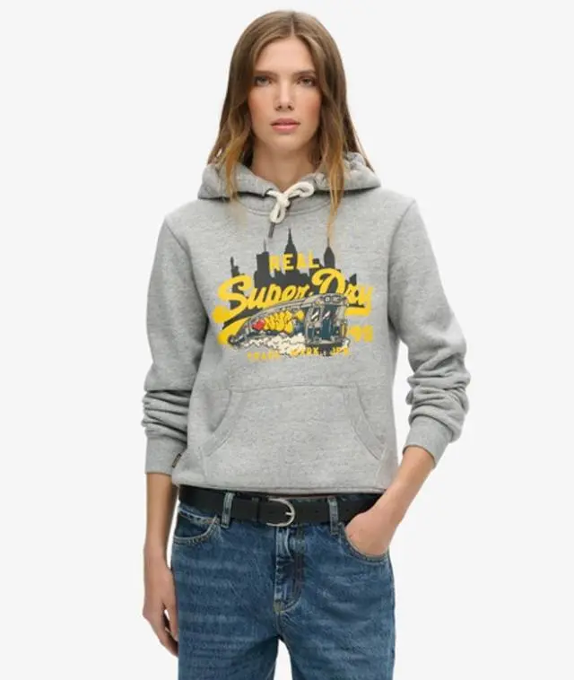 Superdry & Co Women's New York Vintage Logo Graphic Relaxed Fit Hoodie, Grey, 