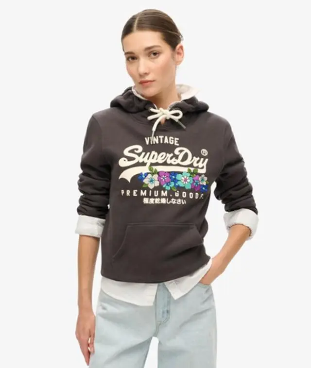 Superdry & Co Women's Vintage Logo Premium Floral Hoodie Black / Bison Black - 