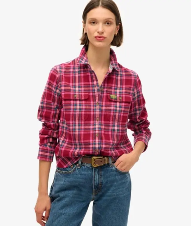 Superdry Women's Classic Check Lumberjack Flannel Shirt, Red and Blue, 
