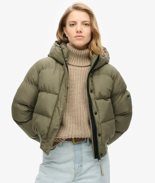 Superdry & Co Women's Hooded Sports Puffer Bomber Jacket Green / Dusty Olive Green - 