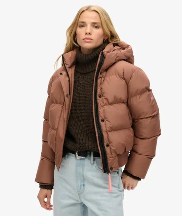 Superdry Ladies Slim Fit Hooded Sports Puffer Bomber Jacket, Brown, 