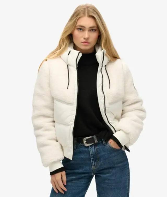 Superdry Ladies Slim Fit Colourblock Everest Bomber Hybrid Jacket, Off White, 