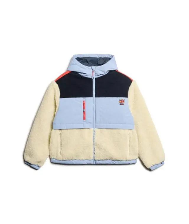 Superdry Ladies Classic Colourblock Hooded Fleece Jacket, Cream and Blue, 