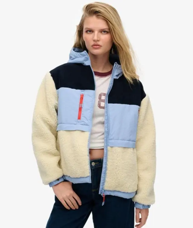 Superdry Ladies Classic Colourblock Hooded Fleece Jacket, Cream and Blue,