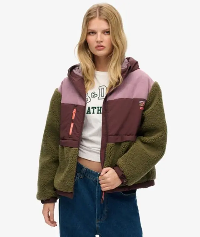 Superdry & Co Ladies Classic Colourblock Hooded Fleece Jacket, Green, Burgundy and Purple, 