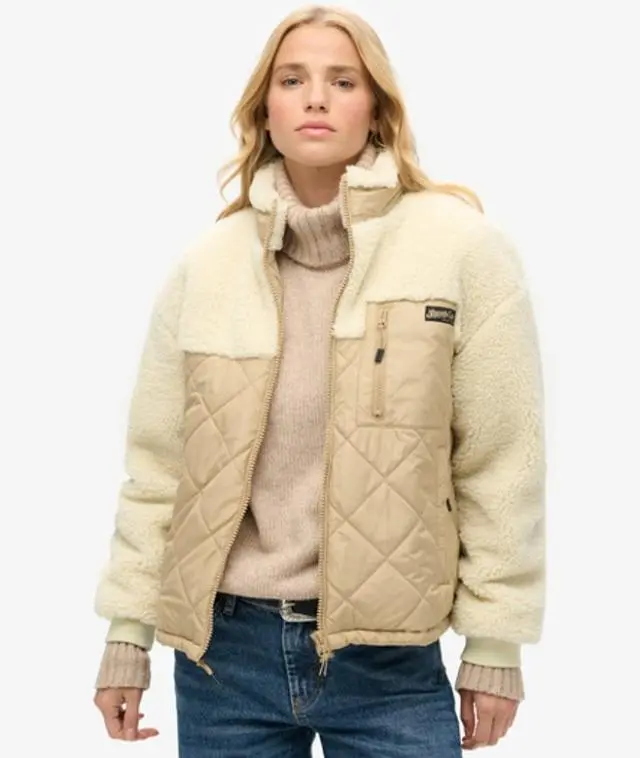 Superdry Ladies Classic Colourblock Workwear Fleece Hybrid Jacket, Cream, 