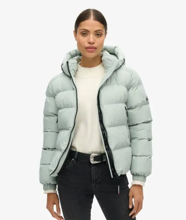 Superdry Ladies Classic Hooded Sports Puffer Jacket, Light Grey, 