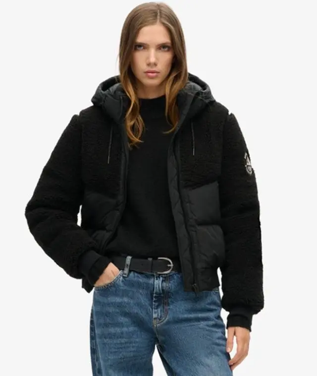 Superdry Ladies Everest Slim Fit Bomber Hybrid Jacket, Black, 