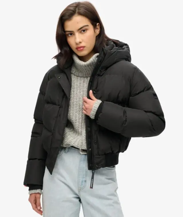 Superdry Ladies Slim Fit Hooded Sports Puffer Bomber Jacket, Black, 