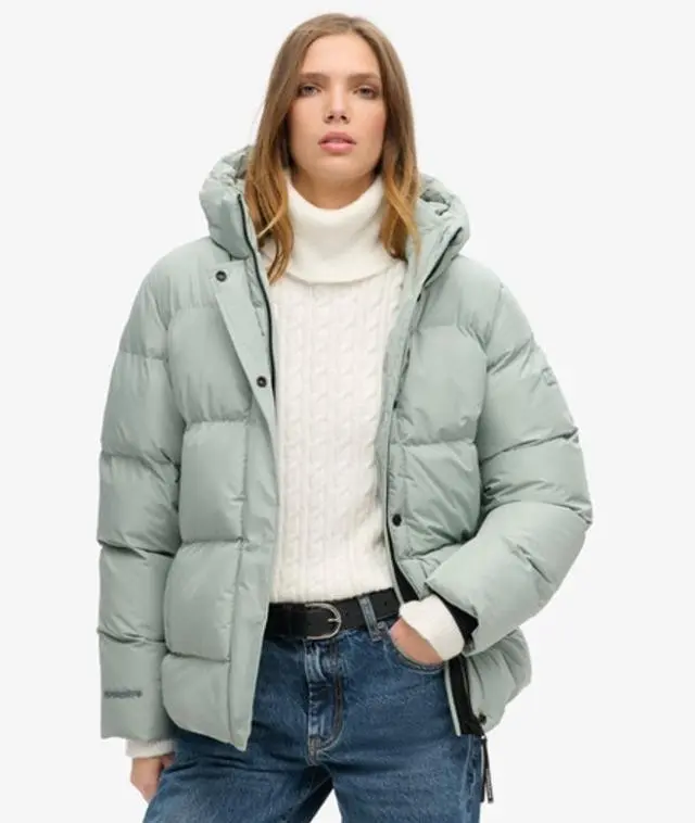 Superdry Ladies Classic Hooded Five Baffle Sports Puffer Jacket, Light Grey, 