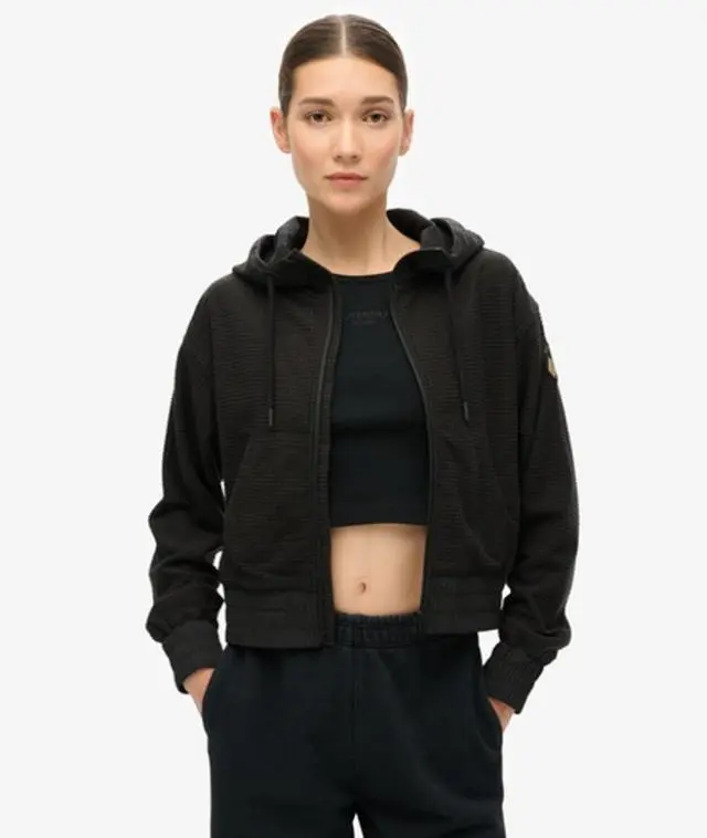 Superdry & Co Ladies Classic Embroidered Sport Tech Grid Fleece Ziphood, Black, 