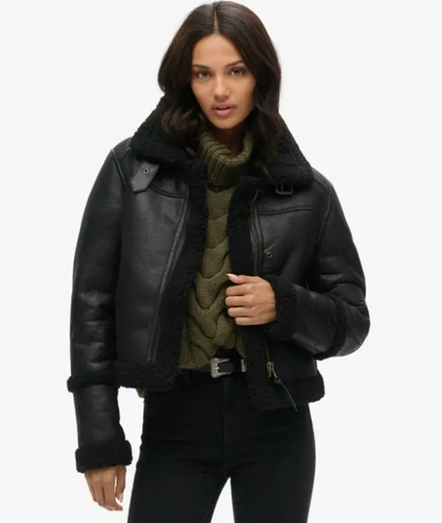 Superdry Women's Faux Shearling Cropped Aviator Jacket Black - 
