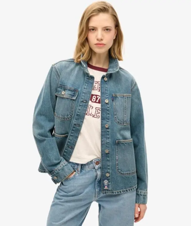 Superdry & Co Women's Embroidered Denim Chore Jacket Dark Blue / Fulton Vintage Blue - 