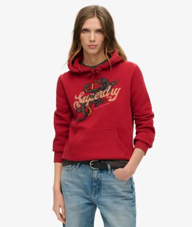 Superdry Women's Tattoo Script Graphic Hoodie Red / Red Dahlia - 