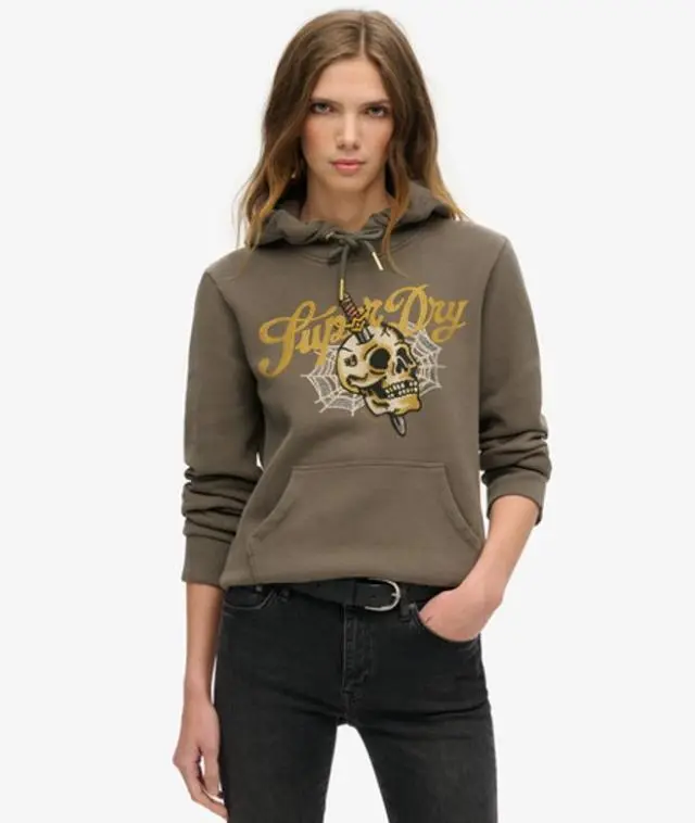 Superdry Women's Embroidered Graphic Tattoo Script Hoodie, Dark Grey, 