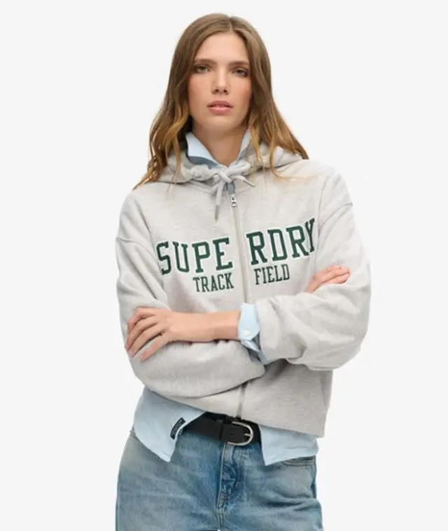 Superdry & Co Women's Embroidered Logo College Boyfriend Zip Hoodie, Grey, 