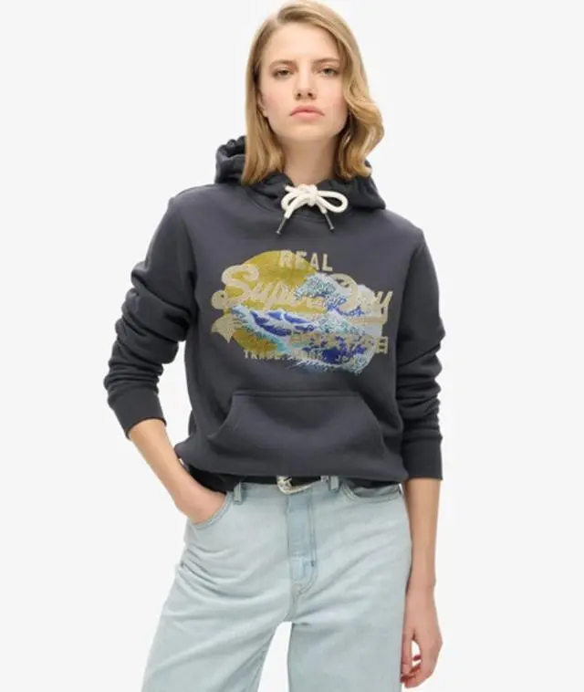 Superdry & Co Women's Tokyo Vintage Logo Graphic Hoodie Dark Grey / Ebony - 