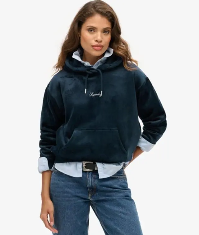 Superdry Women's Country Club Velour Loose Hoodie Blue / Blueberry Navy - 
