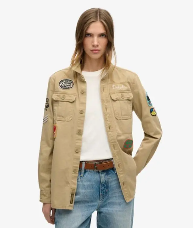 Superdry Women's Cotton Logo Embroidered Classic Scout Shirt, Brown, 