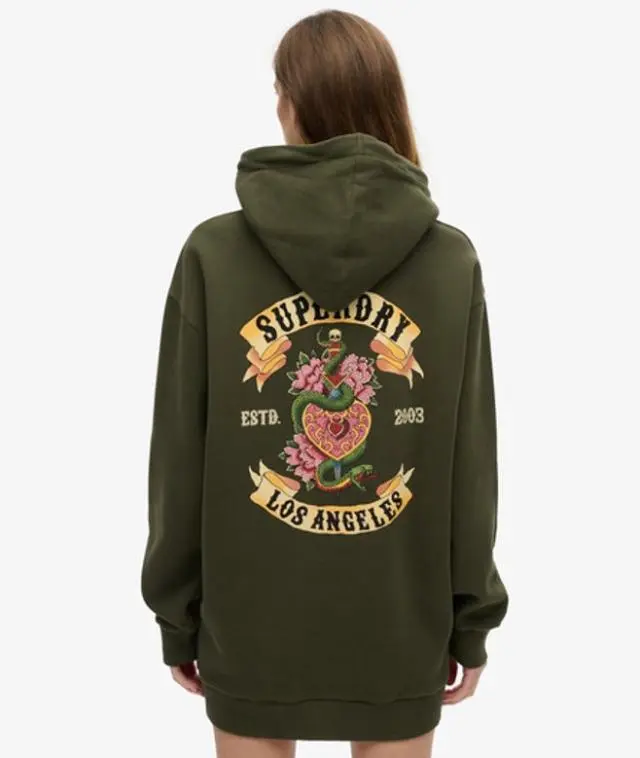 Superdry Women's Cotton Graphic Print Tattoo Rhinestone Hooded Dress, Khaki & Gold, 