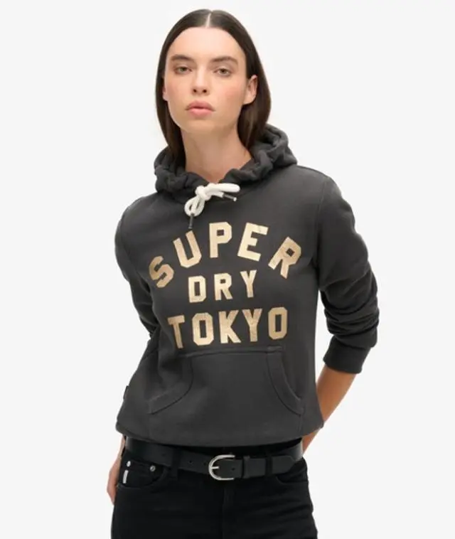 Superdry & Co Women's Glitter Graphic Logo Hoodie Dark Grey / Washed Black - 