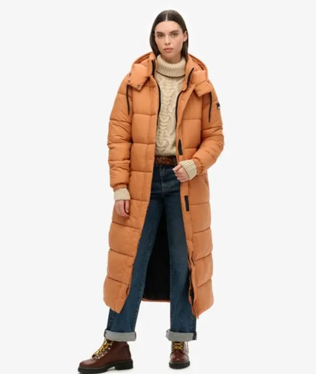 Superdry Women's Quilted Ripstop Longline Puffer Coat, Orange, 