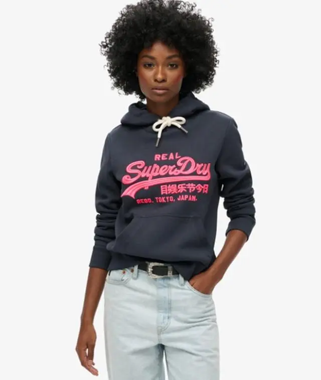 Superdry Women's Neon Vintage Logo Embroidered Graphic Hoodie Navy / Eclipse Navy - 